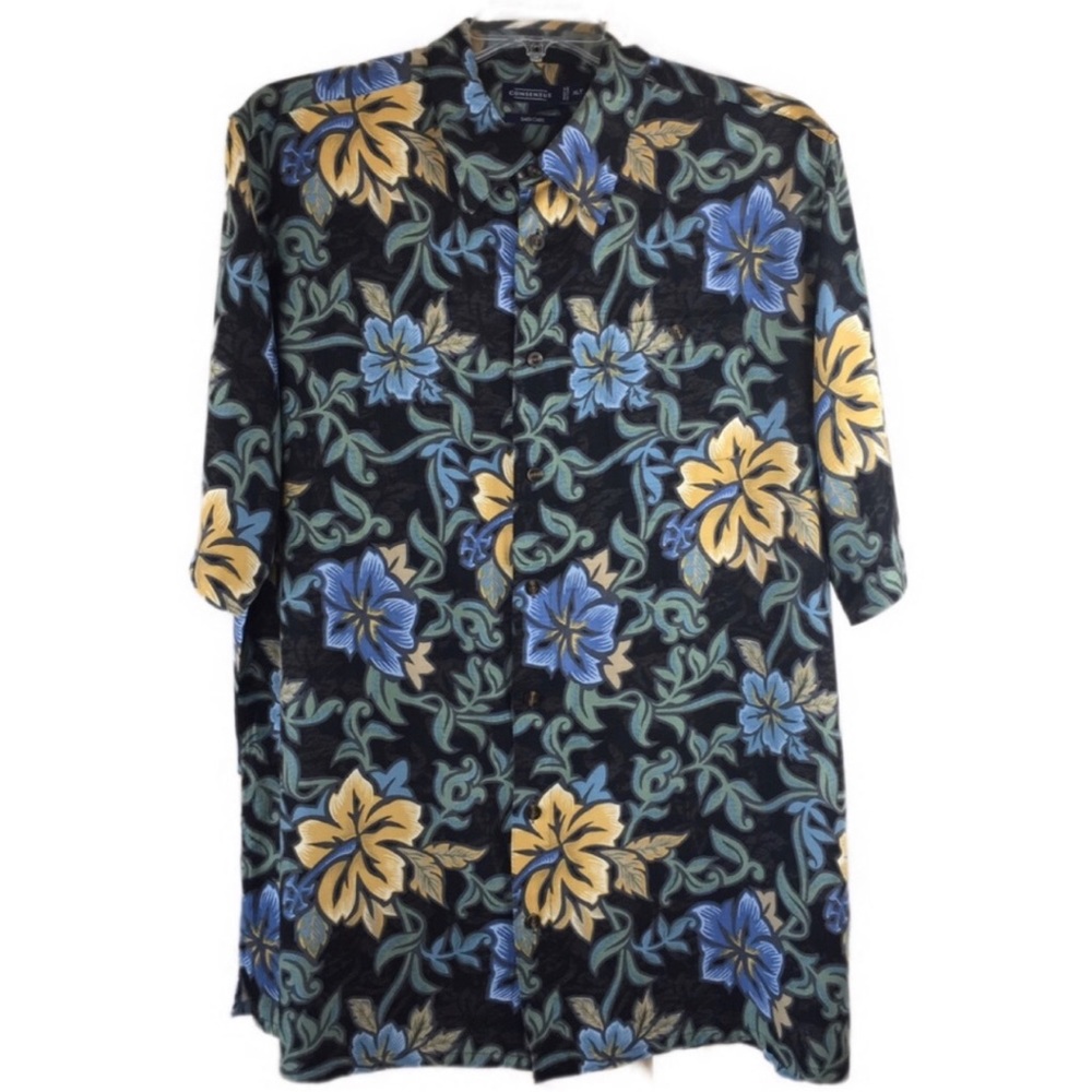 Consensus Men Hawaiian Shirt Black Blue Size XLT - Picture 1 of 4